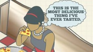 woman eating pizza and thinking